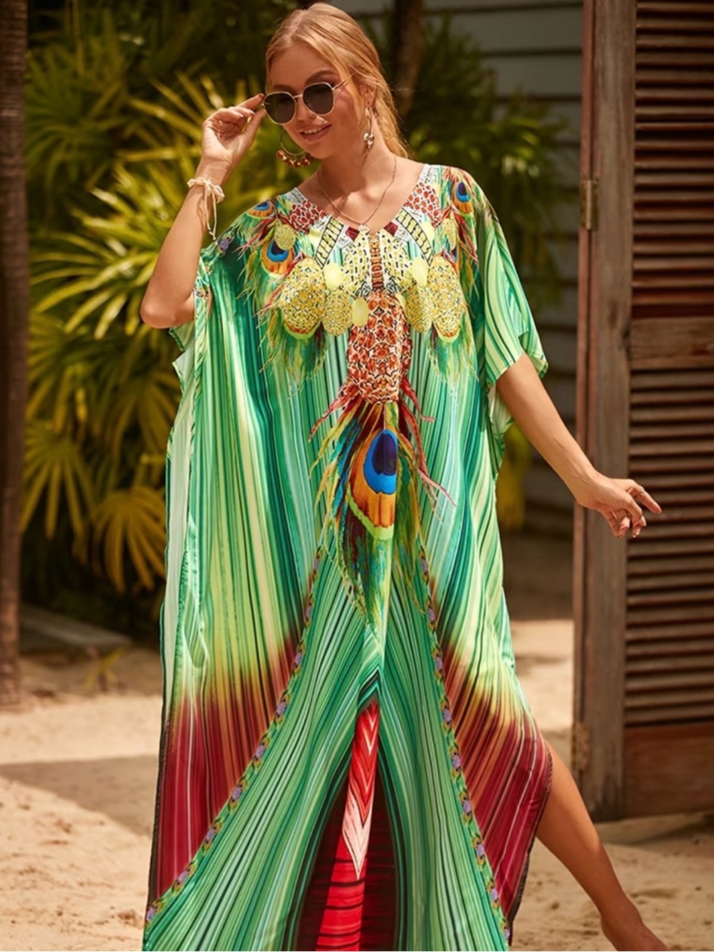 Green Peacock-Print Women's Swim Caftan / Cover-Up